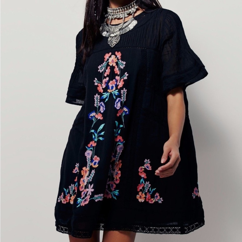Free People Black Perfectly Victorian Embroidered Mini Dress